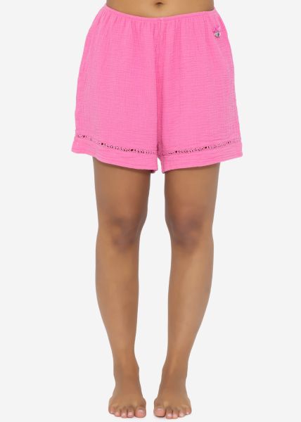 Musselin Pyjamashorts mit Spitzenborte - pink