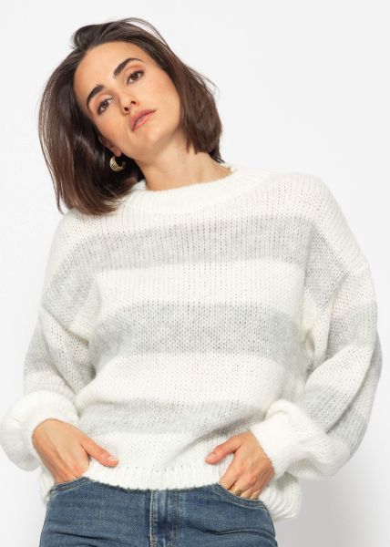 Weicher, gestreifter Strickpullover - offwhite-grau