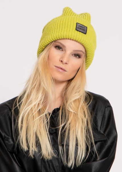 Rippenstrick-Beanie mit Applikation, hellgrün