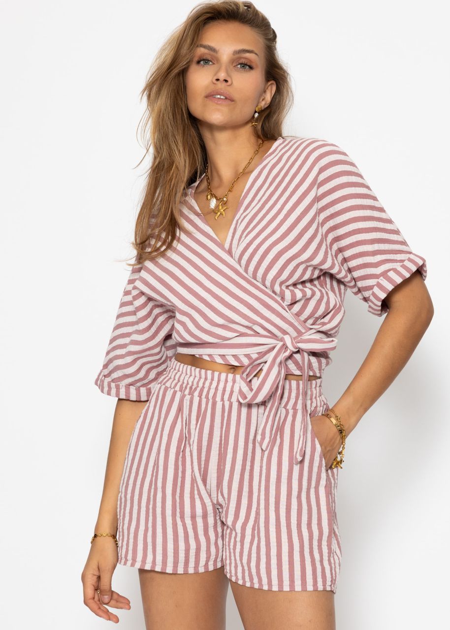 Gestreifte Musselin Wickel Bluse - altrosa