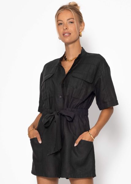 Leinenjumpsuit mit Bindegürtel - schwarz