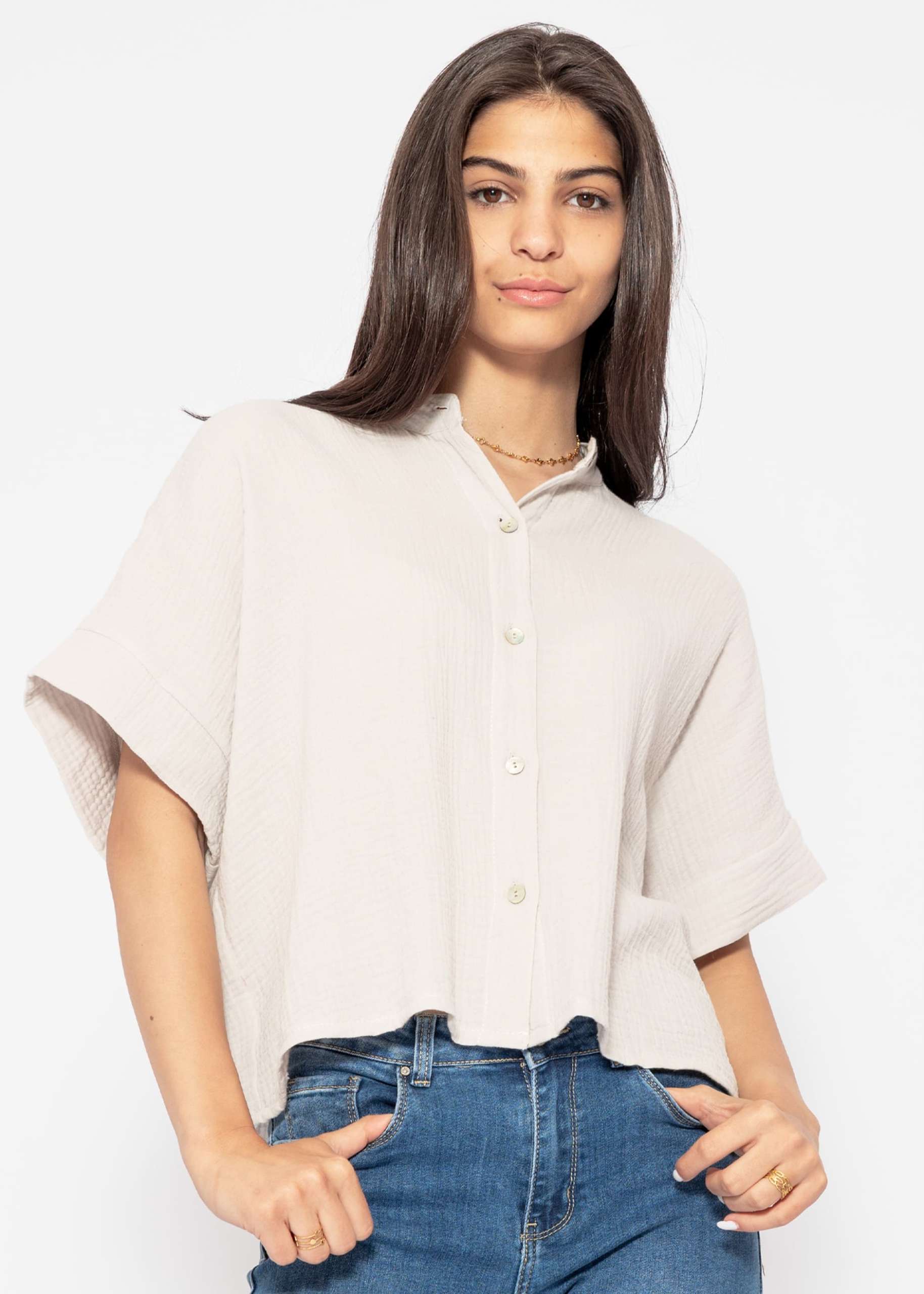 Musselin Bluse mit angeschnittenem kurzen Arm - hellbeige