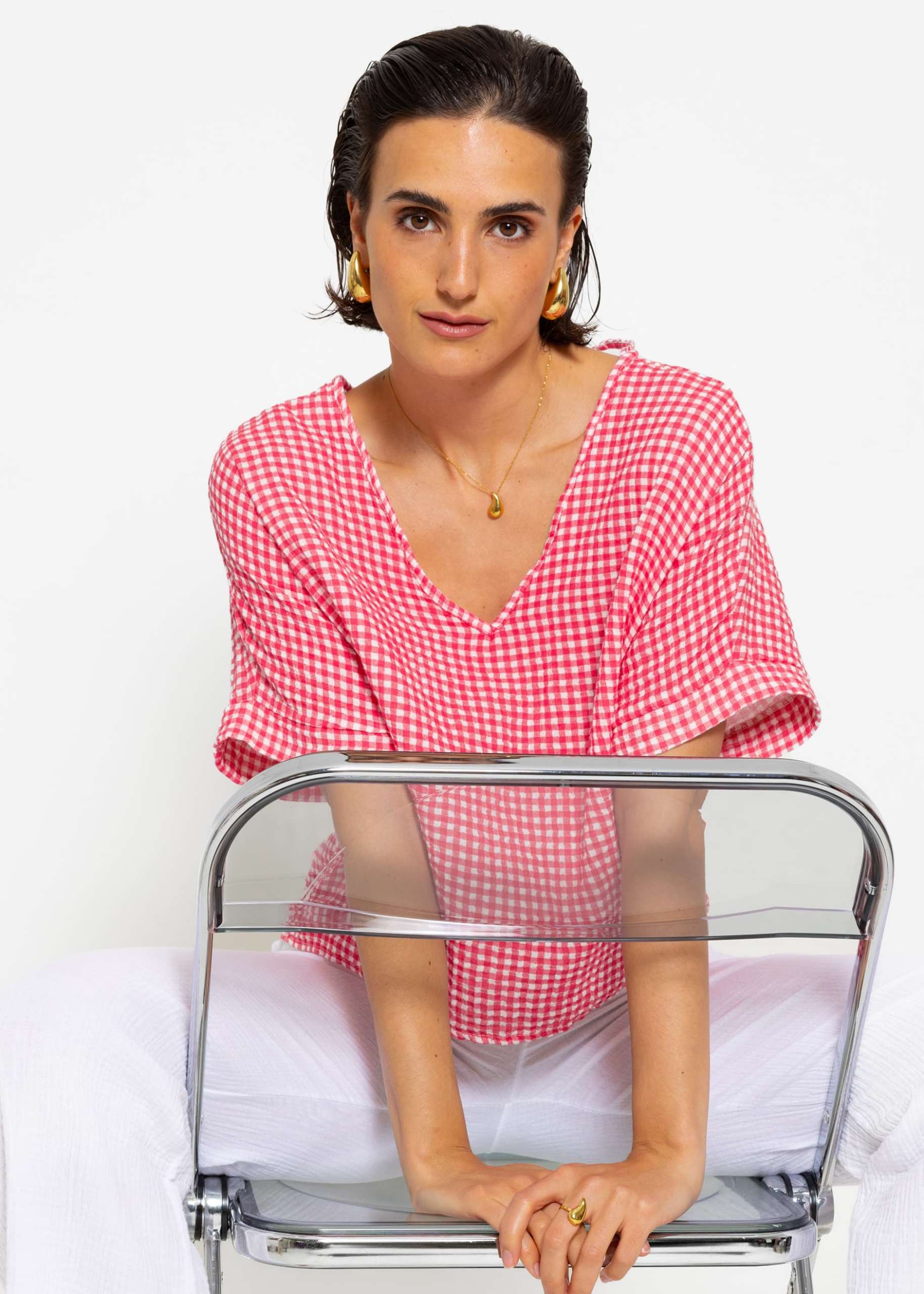 Musselin Shirt mit Vichy-Print - pink-weiß