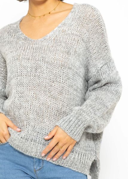 Oversize Pullover mit Pailletten - grau