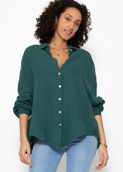 Musselin Bluse oversize, kurz, dunkelgrün