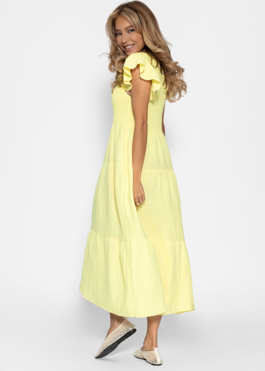 Maxi Musselin Kleid mit Volants und Flügelärmel - buttergelb