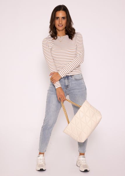 Gestreiftes Langarmshirt mit Rückenausschnitt, beige/weiß