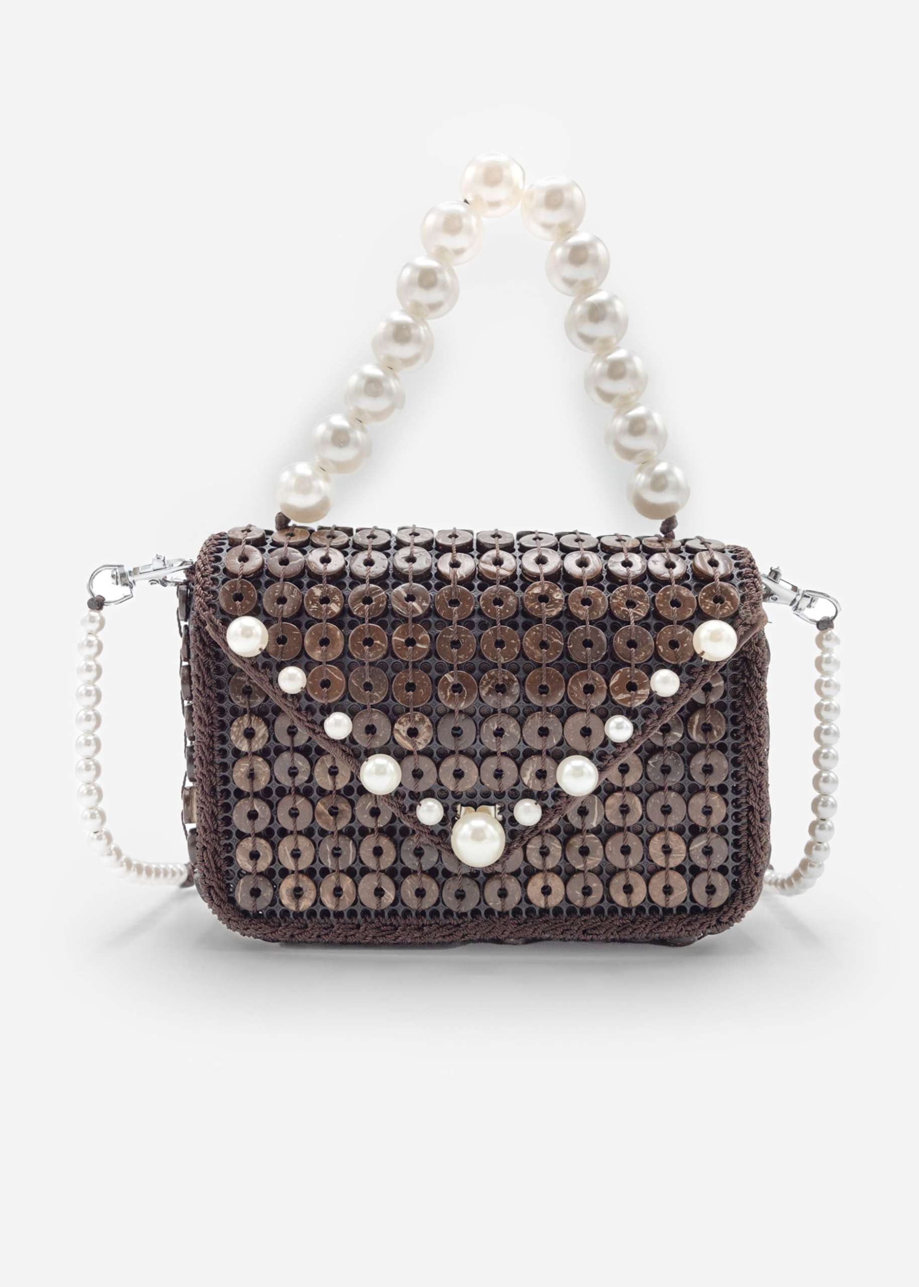 Kleine Tasche mit weißem Perlen-Henkel - dunkelbraun