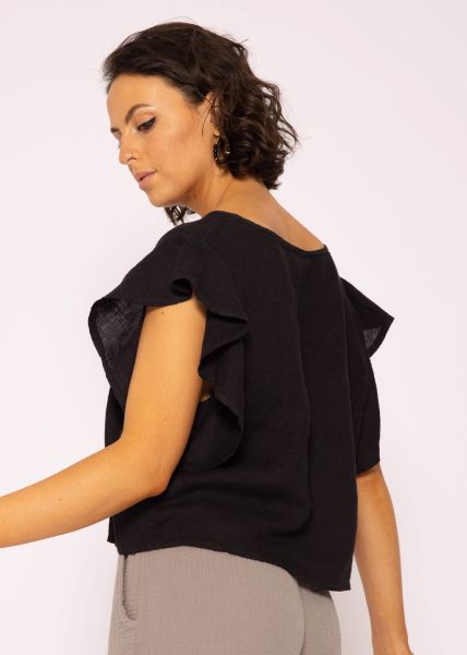 Leinen Shirt mit Volants, schwarz