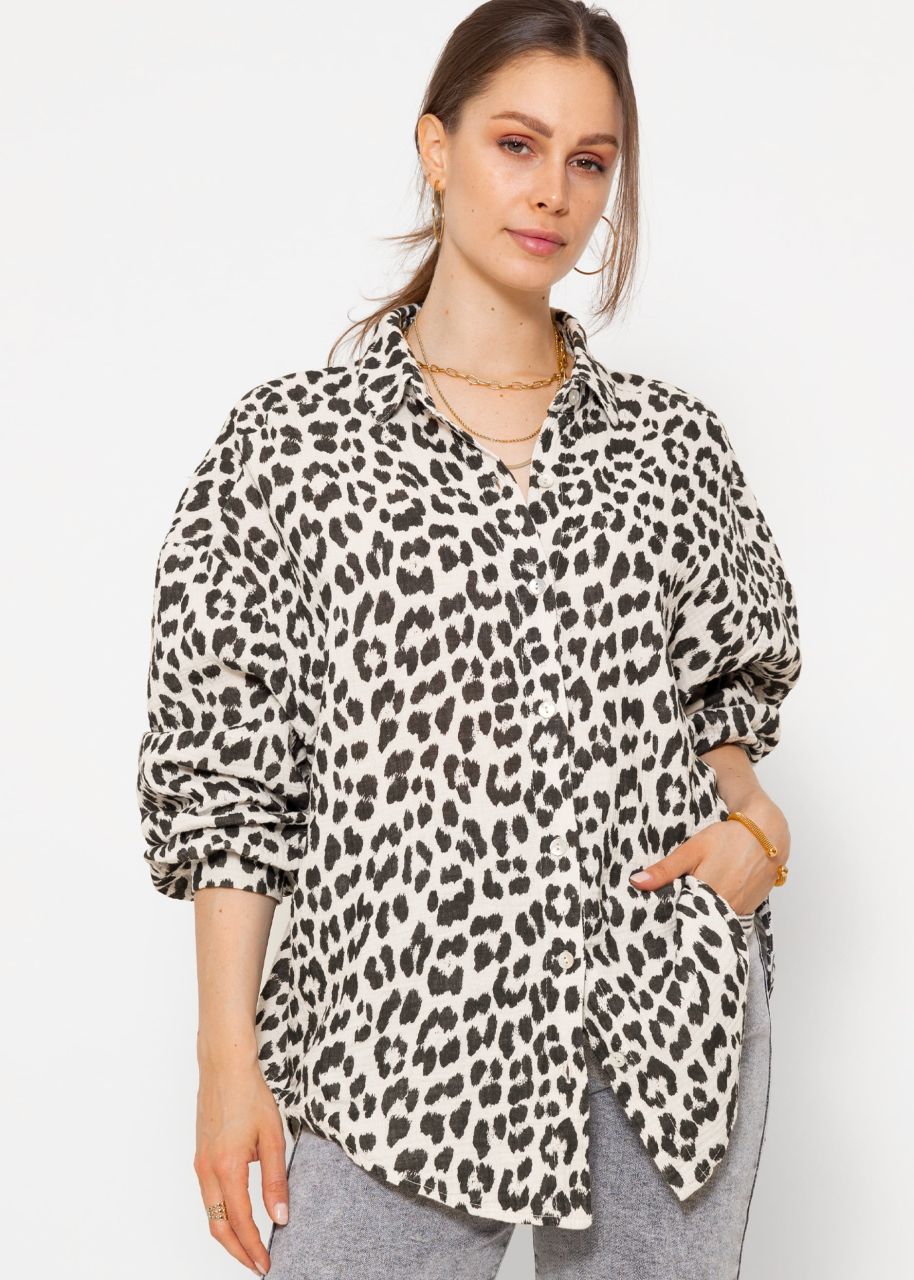 Musselin Bluse oversize kurz mit Leo-Print - hellbeige