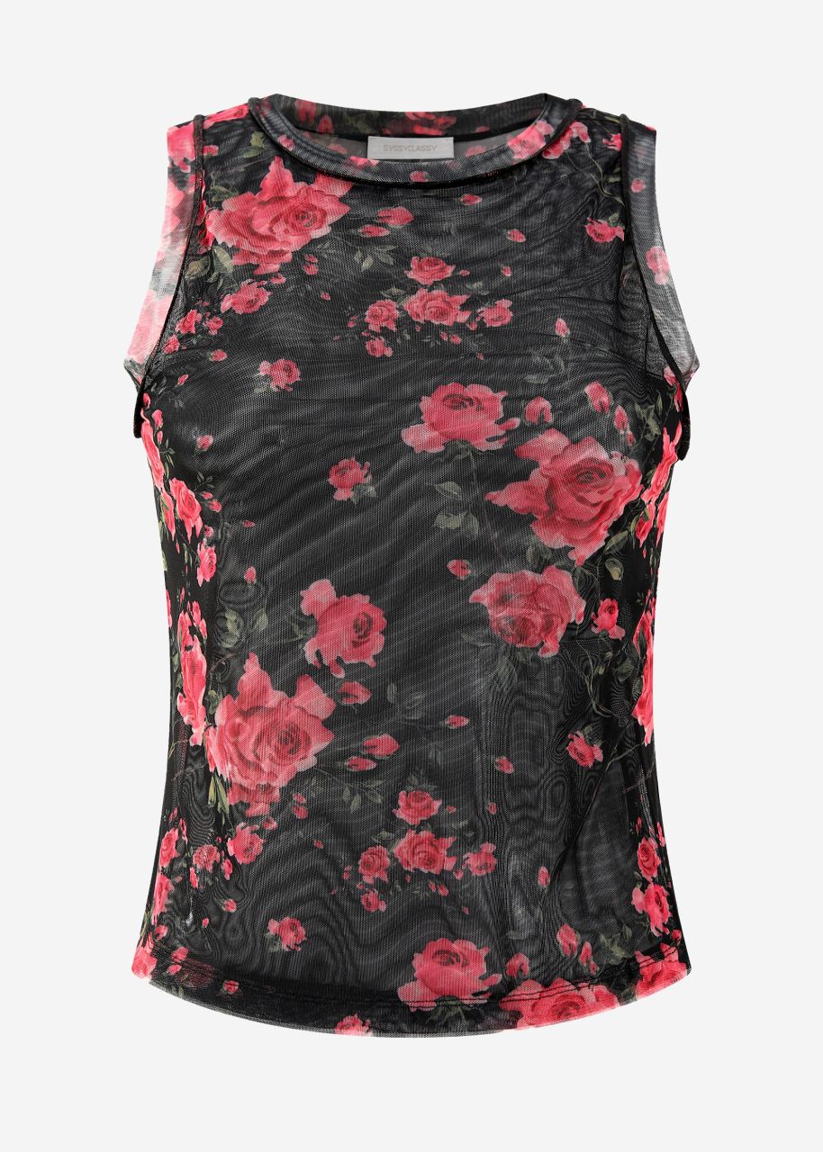 Mesh Top mit floralem Druck - schwarz
