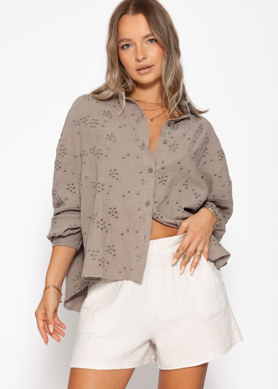 Musselin Bluse mit Lochstickerei - taupe