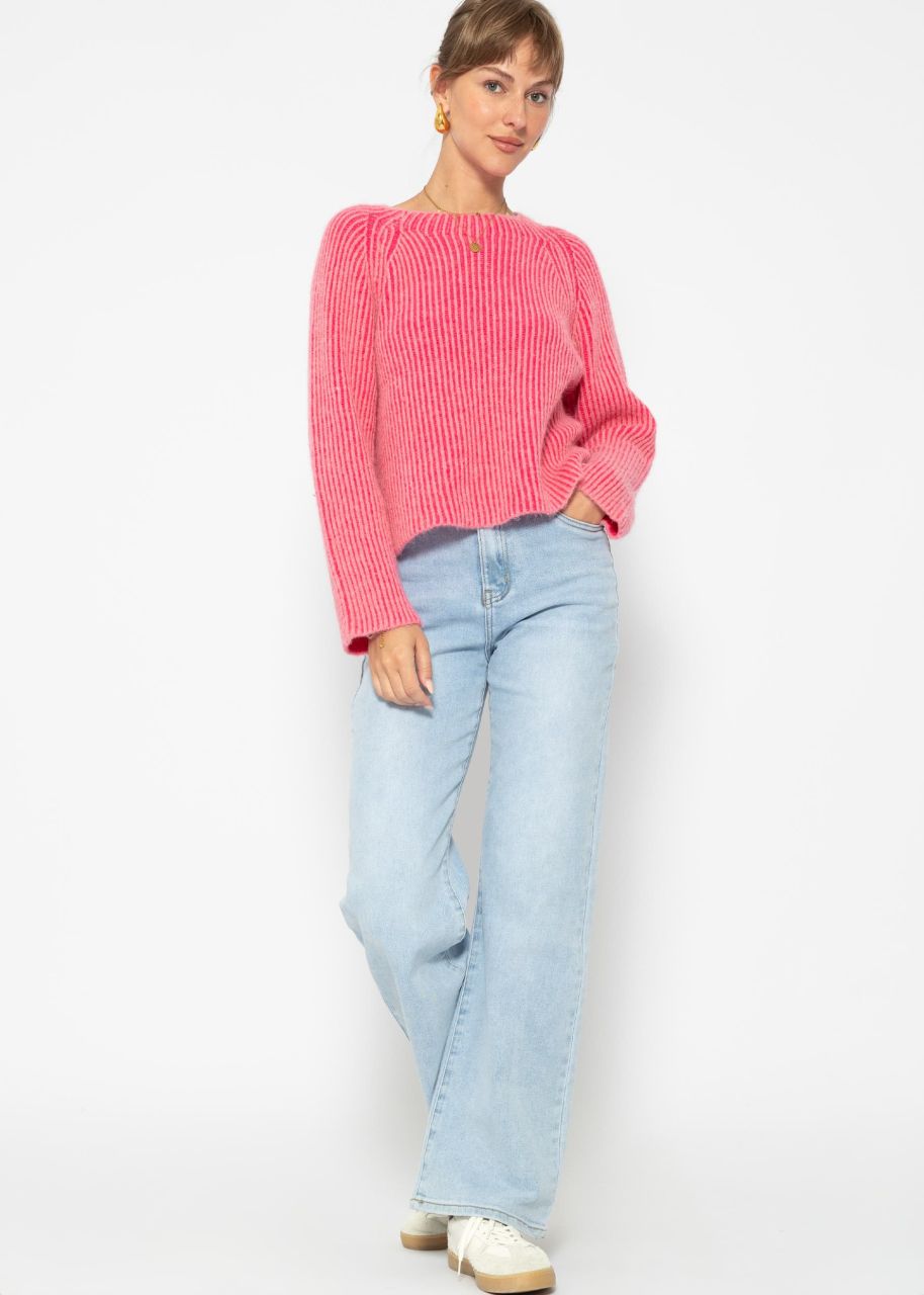 Zweifarbiger gerippter Pullover - pink-fuchsia