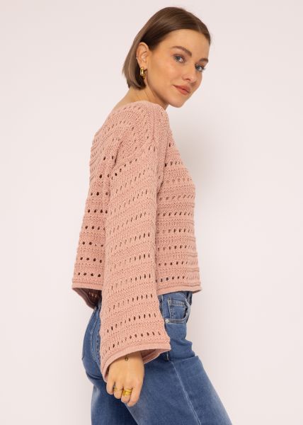 Oversized Pullover in Ajourstrick, puderrosa