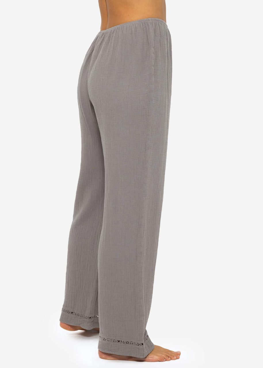 Musselin Pyjamahose mit Spitzenborte - taupe