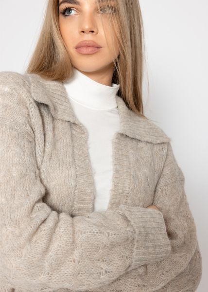 Flauschiger Zopfmuster-Cardigan mit Kragen - beige