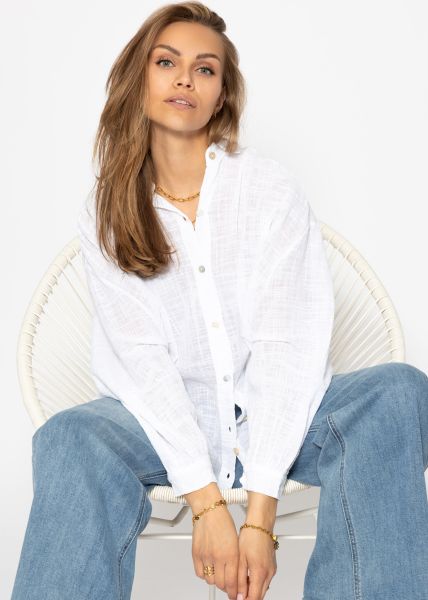 Oversize Bluse, kurz, mit Leinenstruktur, weiß