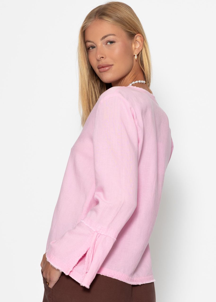 Leinen Bluse mit Trompetenärmel und Schleifenverschluss - pink