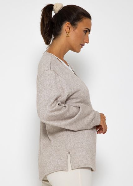 Oversize soft Sweater mit tiefem V-Ausschnitt - taupe