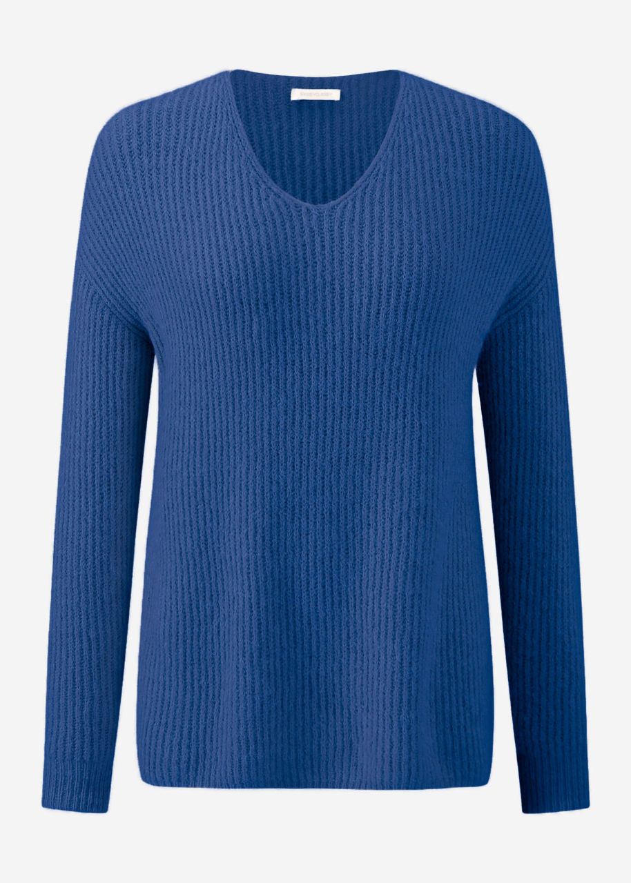 Gerippter Pullover mit V-Ausschnitt - blau