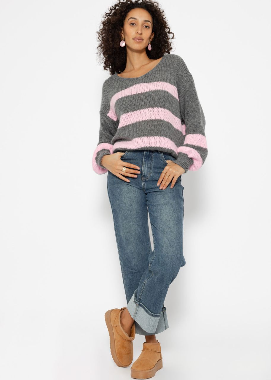 Pullover mit rosa Streifen - grau