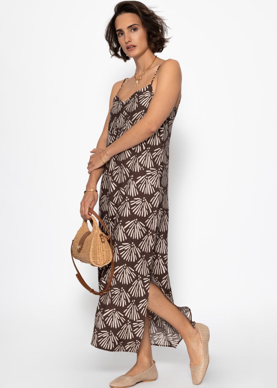 Maxi Kleid mit V-Ausschnitt und Muschel-Print - braun