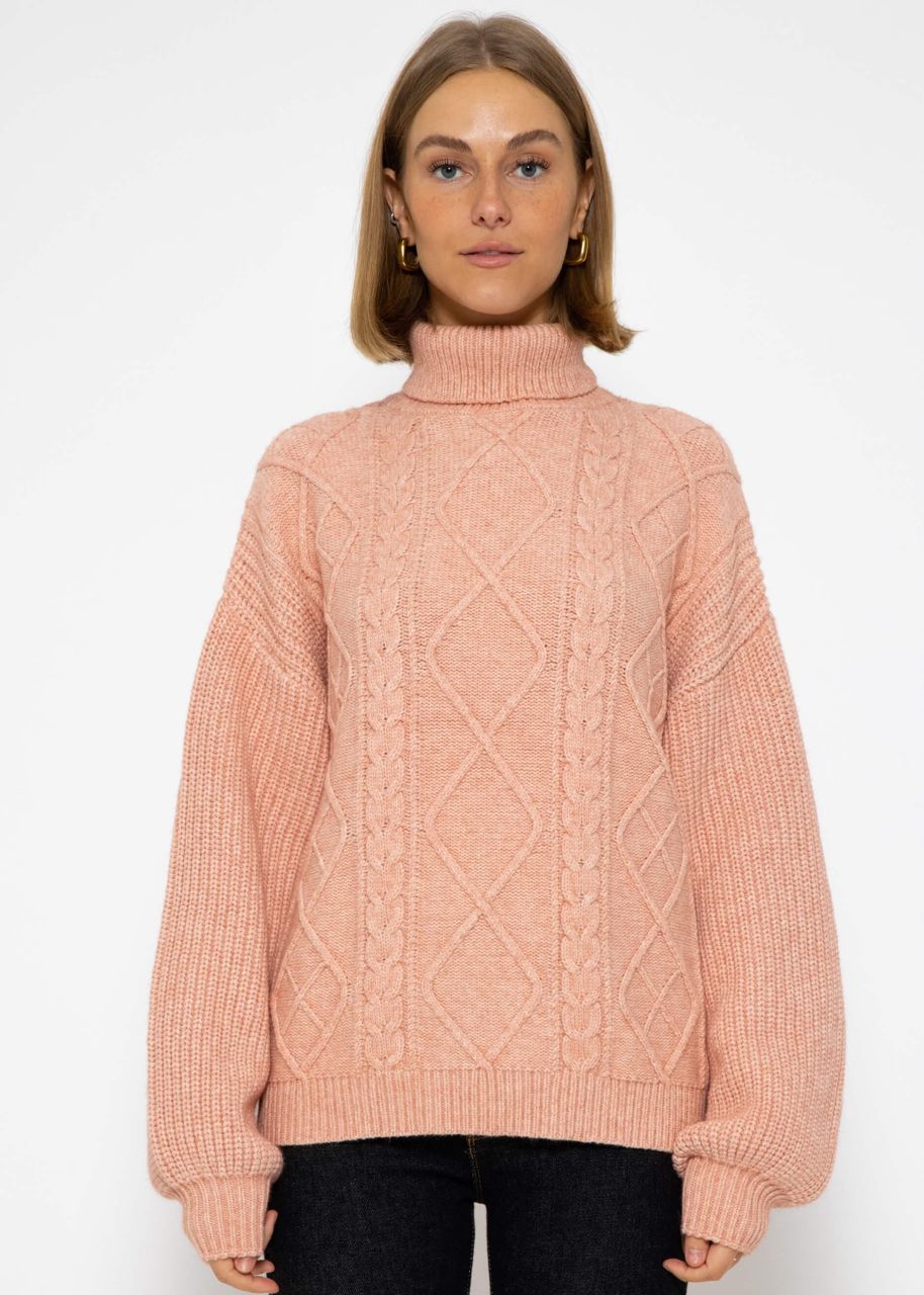 Rollkragenpullover mit Zopfmuster - rosa