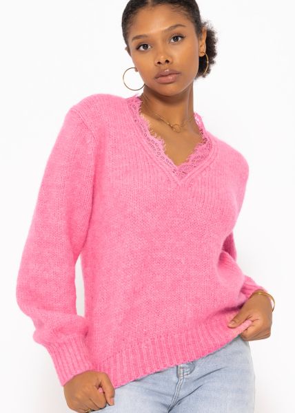 Pullover mit Spitzen-Ausschnitt - pink