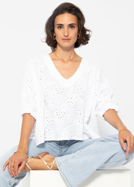 Oversize Baumwoll Shirt mit Lochstickerei - weiß