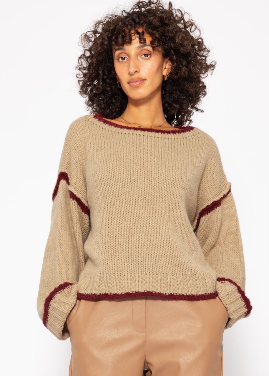 Pullover mit farbigen Blenden - beige-bordeaux