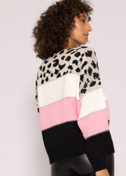 Oversize Pullover mit Leo-Print, offwhite/rosa/schwarz