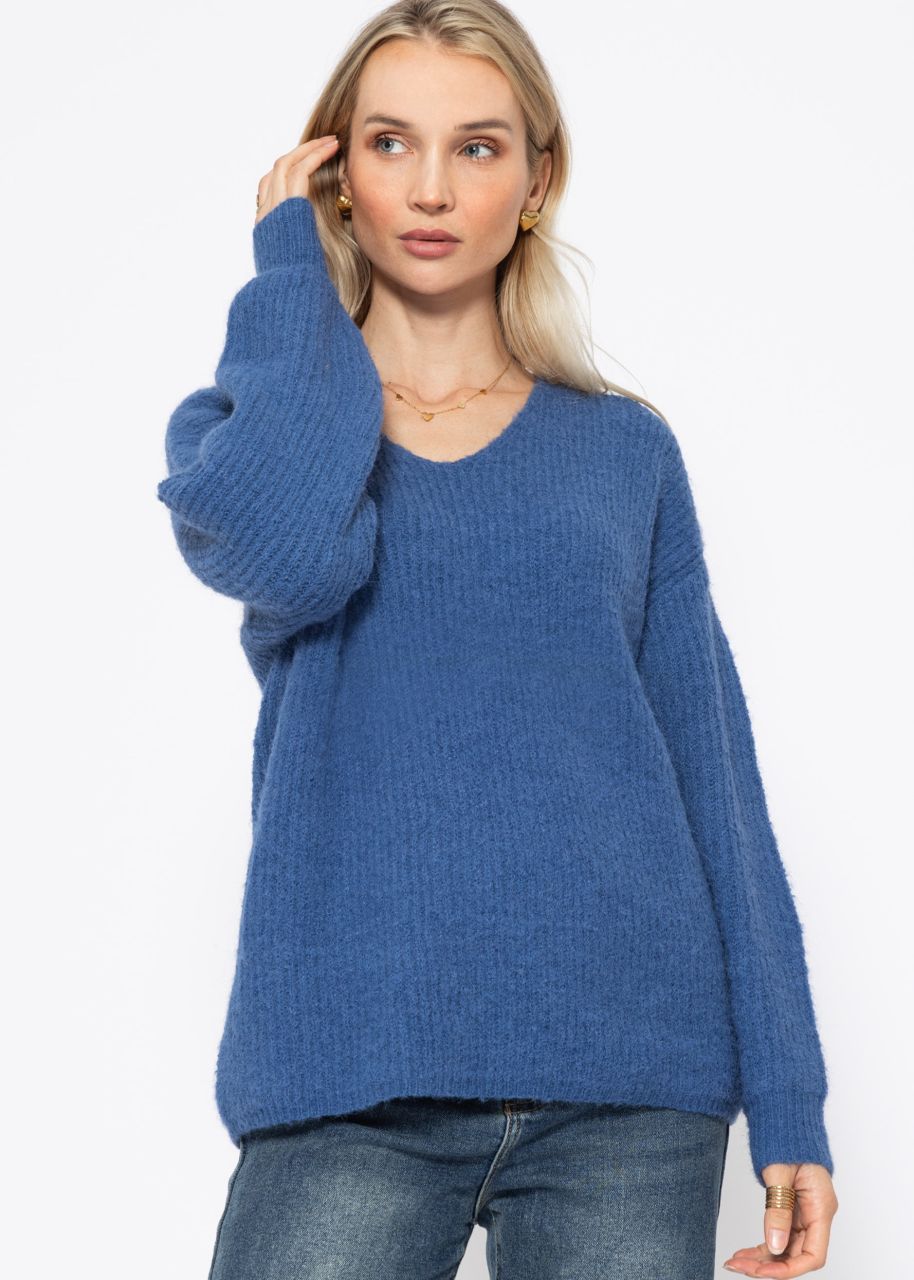 Gerippter Pullover mit V-Ausschnitt - blau