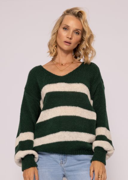 Pullover mit offwhite Streifen, dunkelgrün