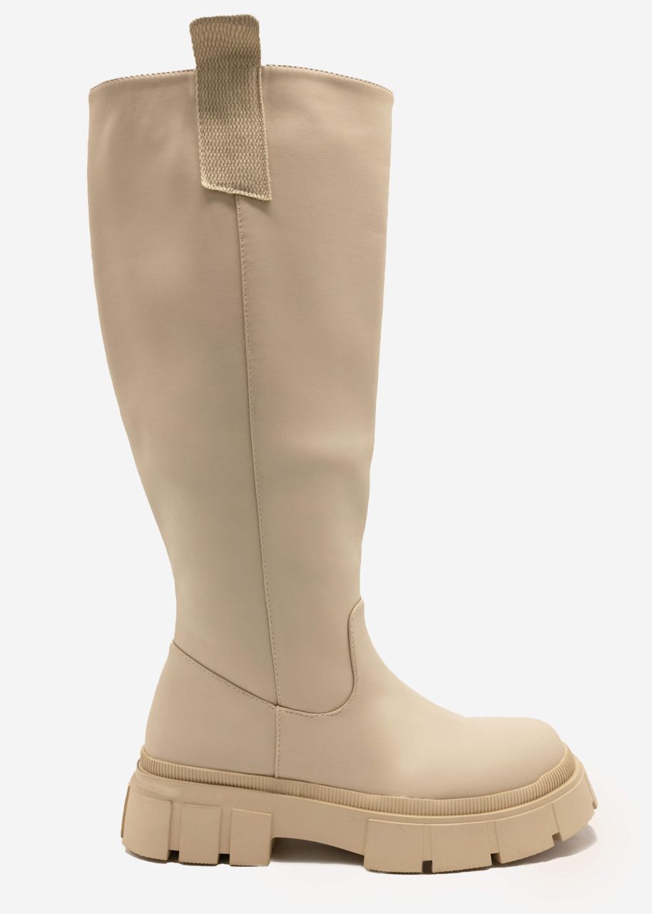 Kniehohe Stiefel mit Laschen, hellbeige