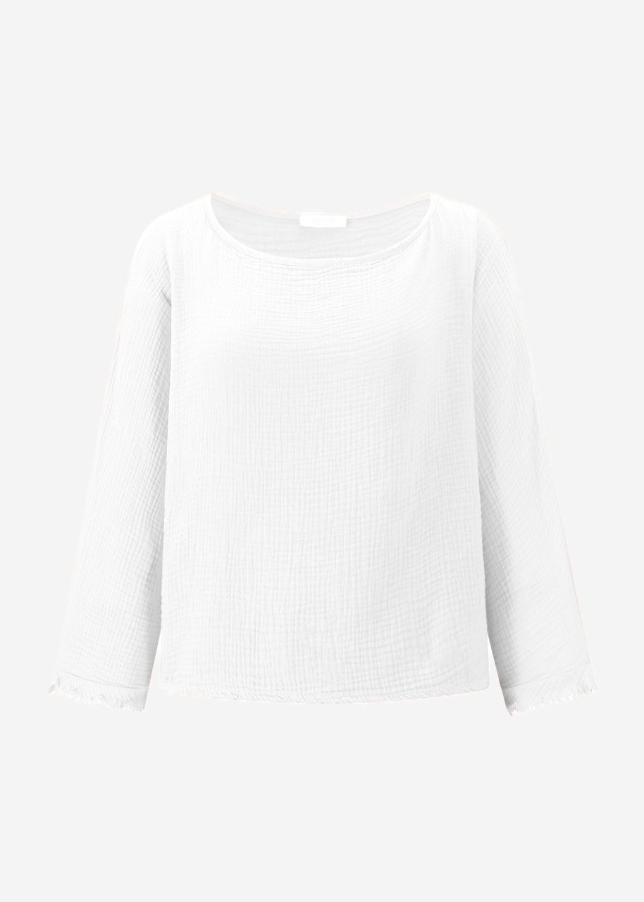 Musselin Shirt mit ausgefranstem Ärmelabschluss - weiß