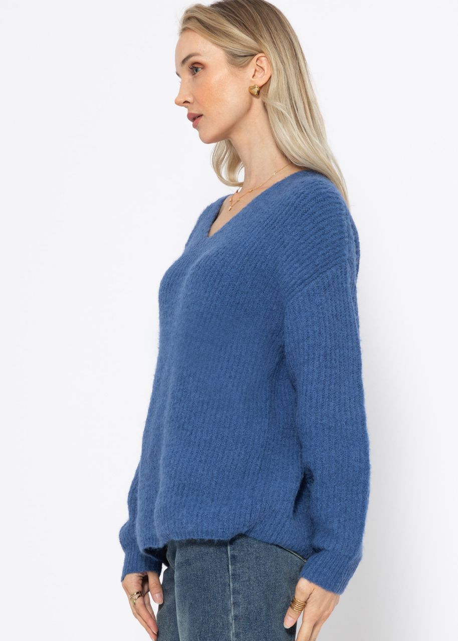 Gerippter Pullover mit V-Ausschnitt - blau