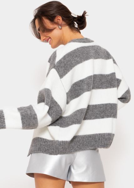 Oversize Cardigan mit Blockstreifen - hellgrau-weiß