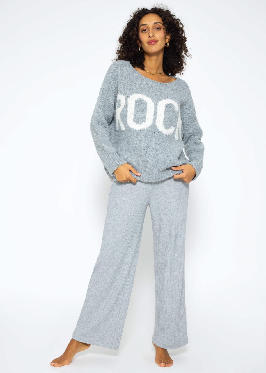 Oversize Pullover mit "Rock"-Schriftzug - grau-weiß