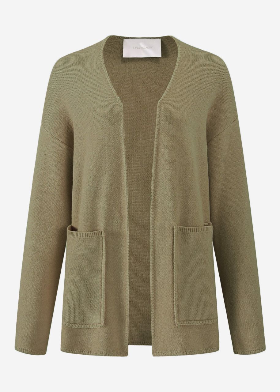 Offener Cardigan mit aufgesetzten Taschen - khaki