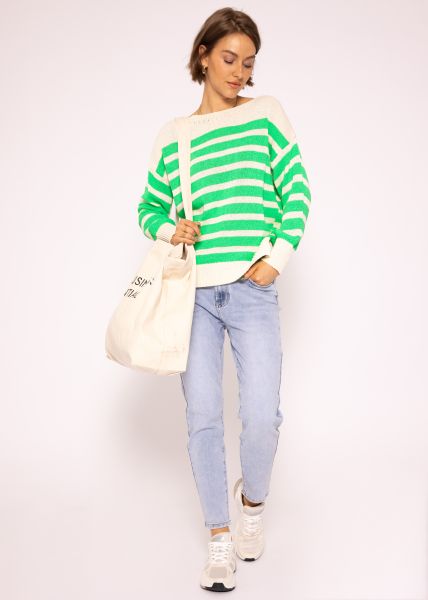 Leichter Streifen Pullover, beige/grün