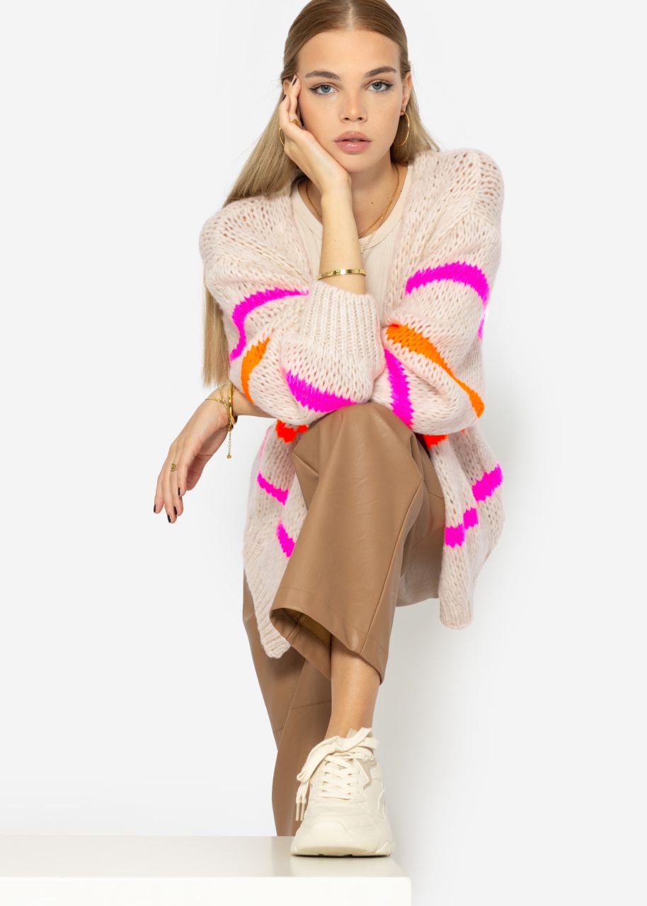 Oversize Cardigan mit pink und orange Streifen, offwhite