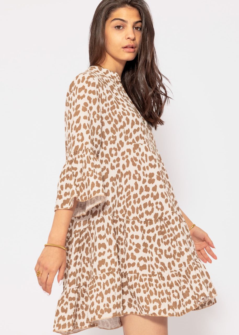 Musselin Kleid mit Leo-Print - offwhite-camel