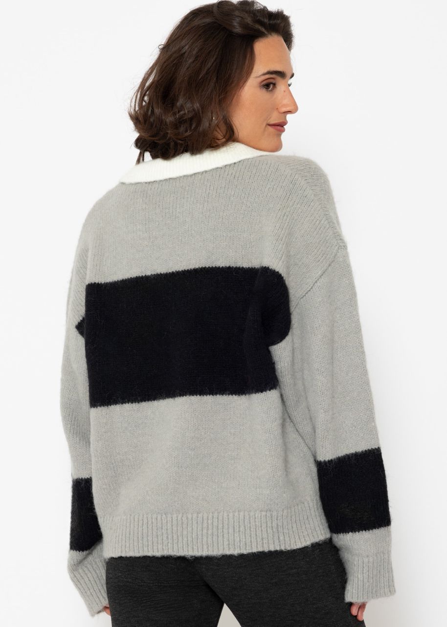 Oversize Pullover mit Kragen - grau-schwarz