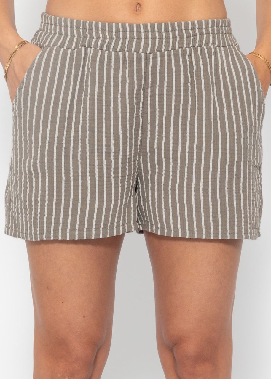 Gestreifte Musselin Shorts - taupe