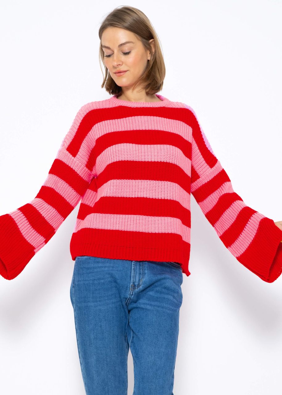 Gestreifter Pullover mit weiten Ärmel - rosa-rot