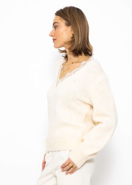 Pullover mit Spitzen-Ausschnitt - offwhite