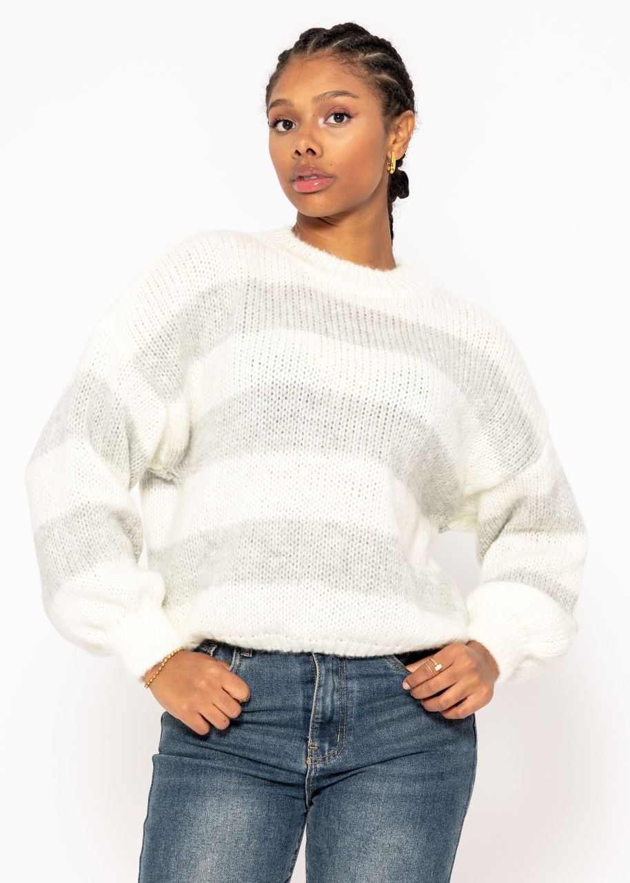 Weicher, gestreifter Strickpullover - offwhite-grau