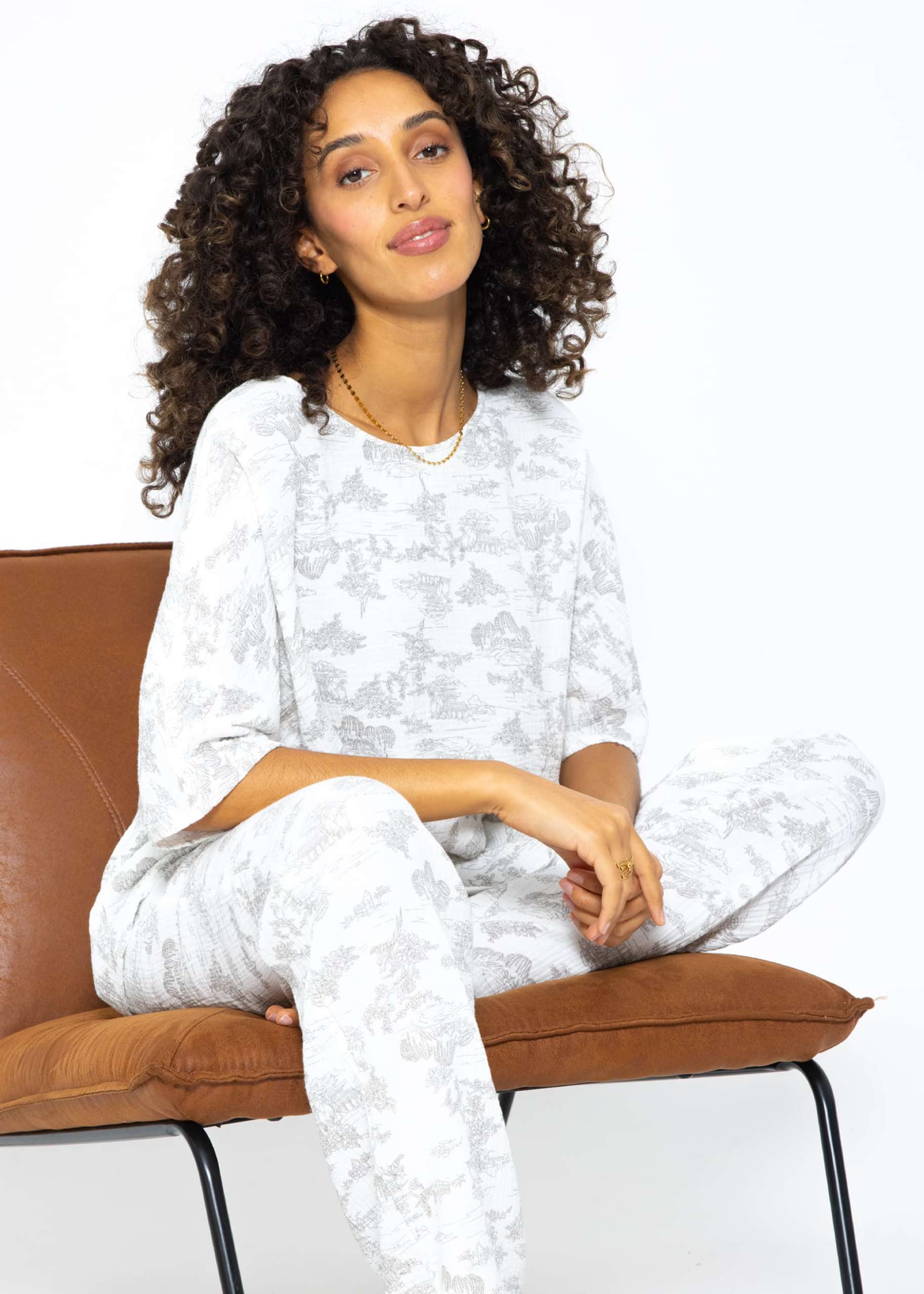 Musselin Pyjamashirt mit Print - weiß-taupe