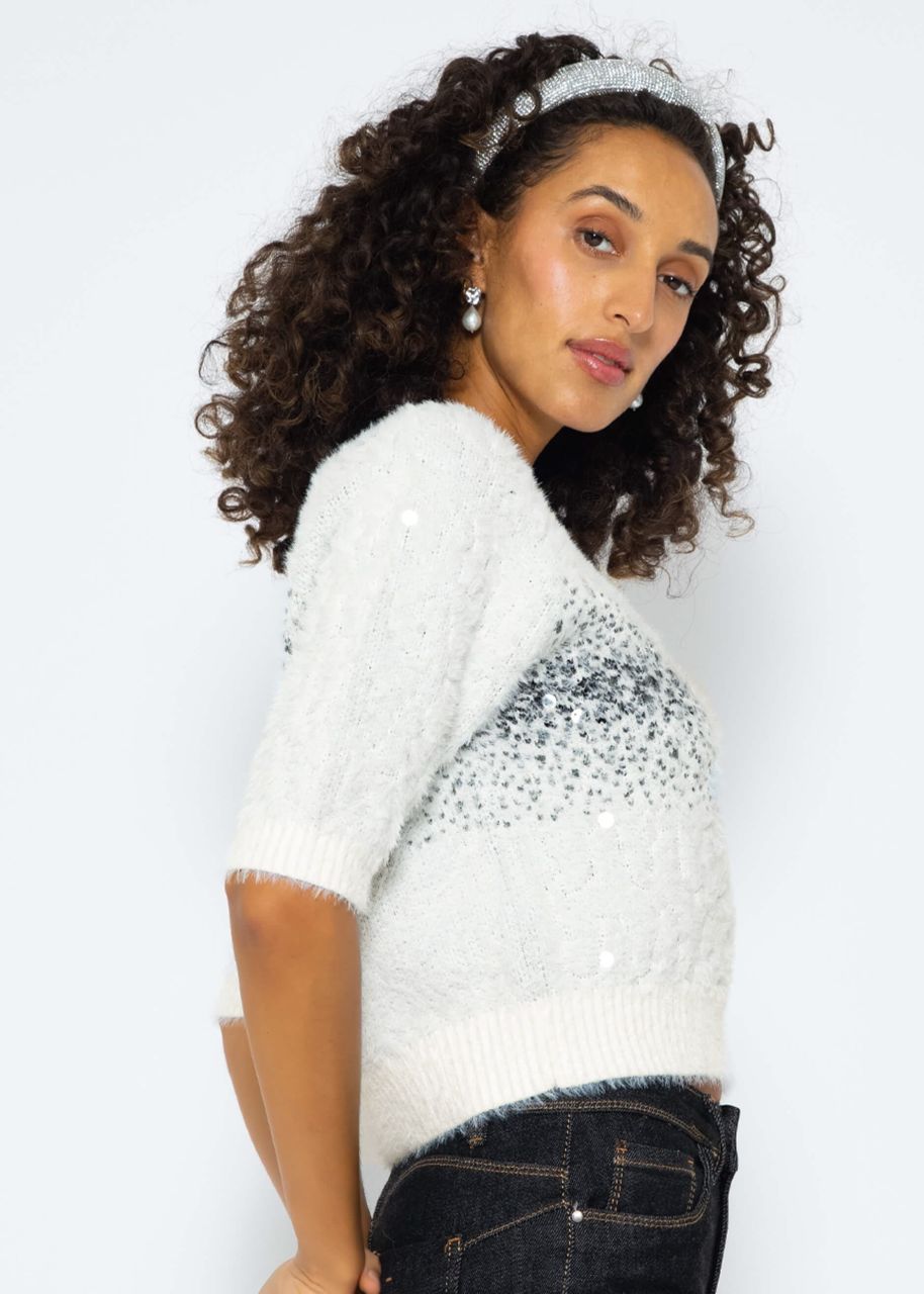 Flauschiger Kurzarm Pullover mit Pailletten - weiß