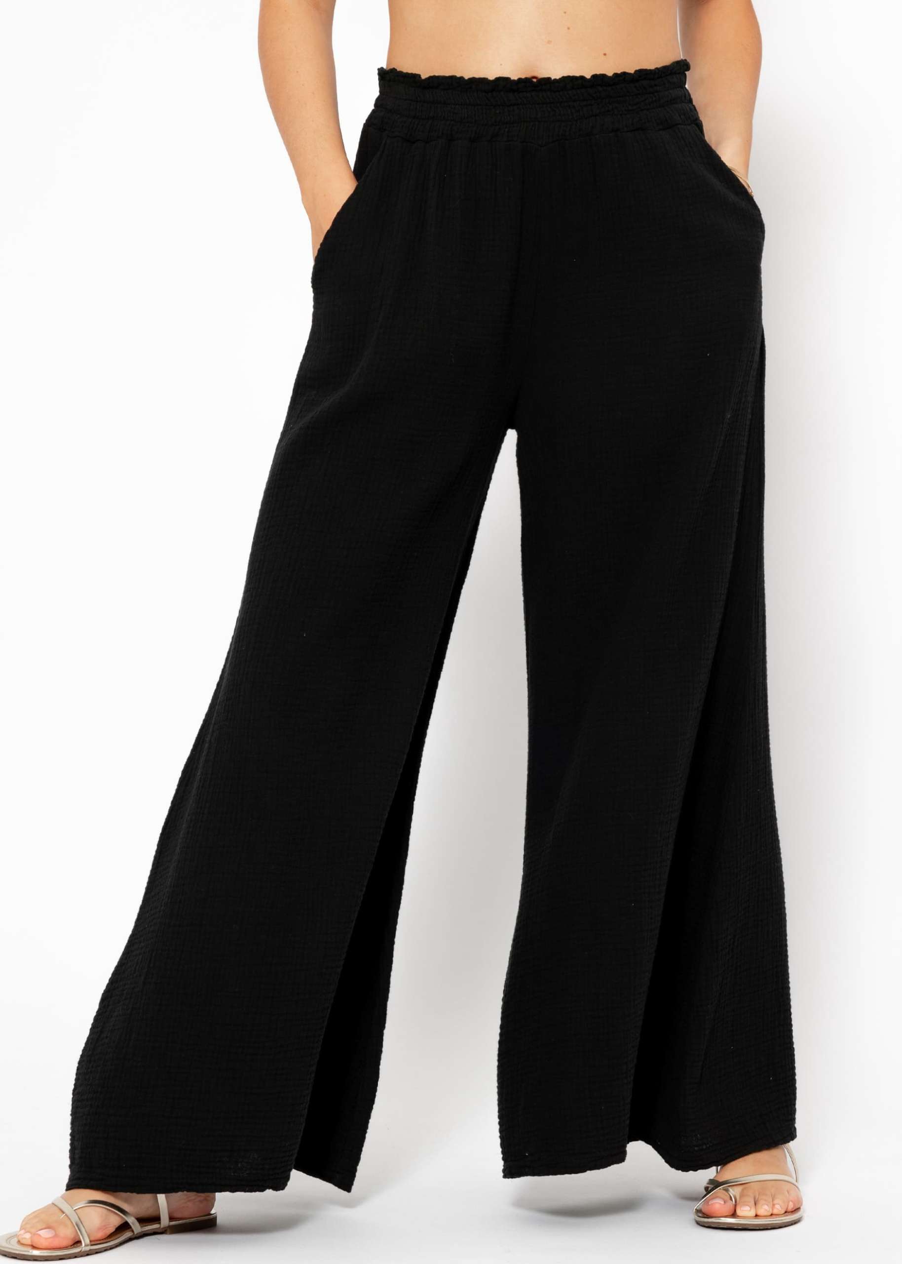 Musselin Pants mit weitem Bein - schwarz